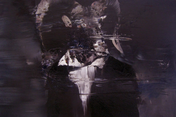 Autoritratto con testa di Seth.  2019, oil on cotton paper applied on aluminum.