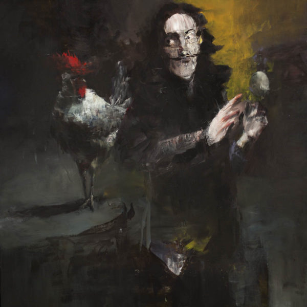 Dalì spiega il surrealismo ad un gallo. 2019, cm 100x100, oil on canvas.
