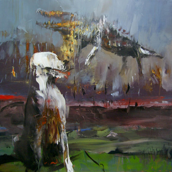 Rapimento in cielo del coccodrillo e trasfigurazione del cane. 2018, cm 60x60, oil on canvas.