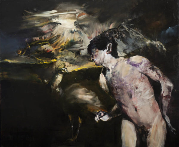 Ultimo dialogo tra il pavone e il fauno durante l'esplosione della stella. 2019, cm 100x120, oil on canvas.